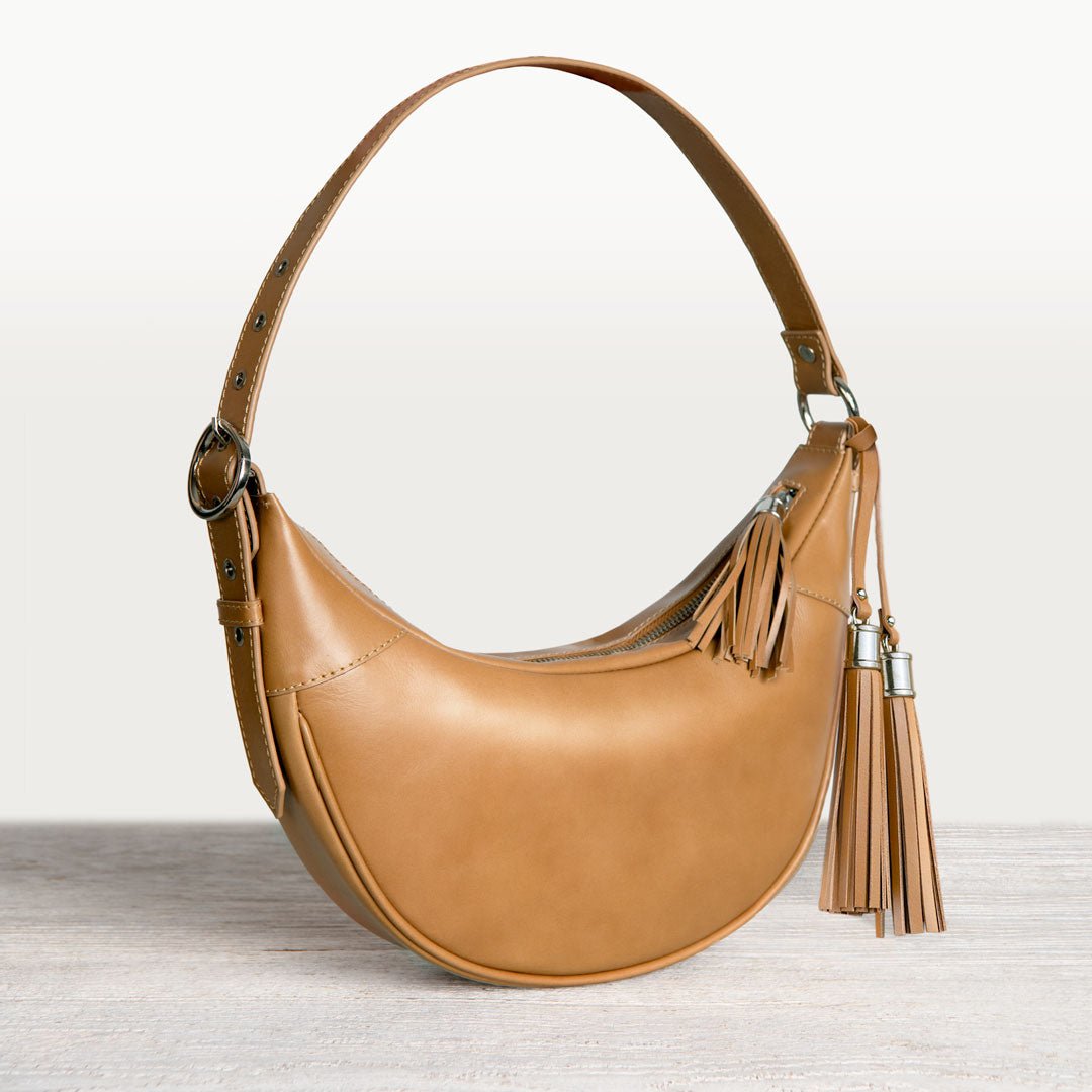 Elle -Half-Moon Vanity Luxury Leather Handbag in Caramel