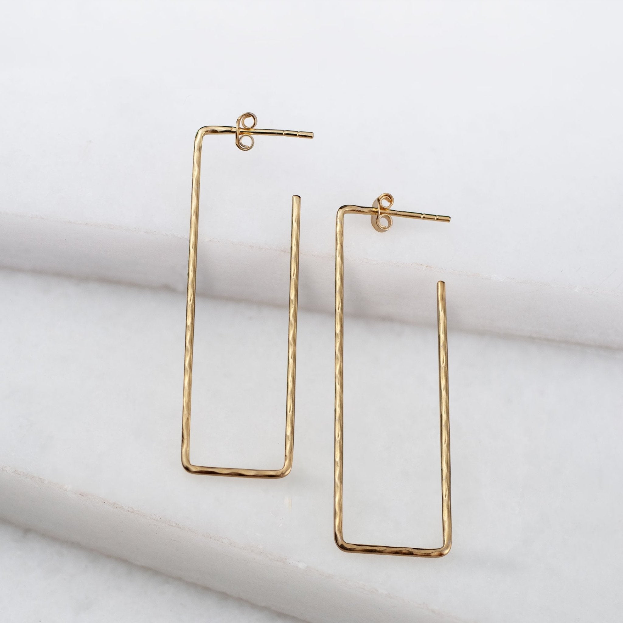 Hammered Hoops - Rectangular Shape Earrings in 14K Gold Vermeil