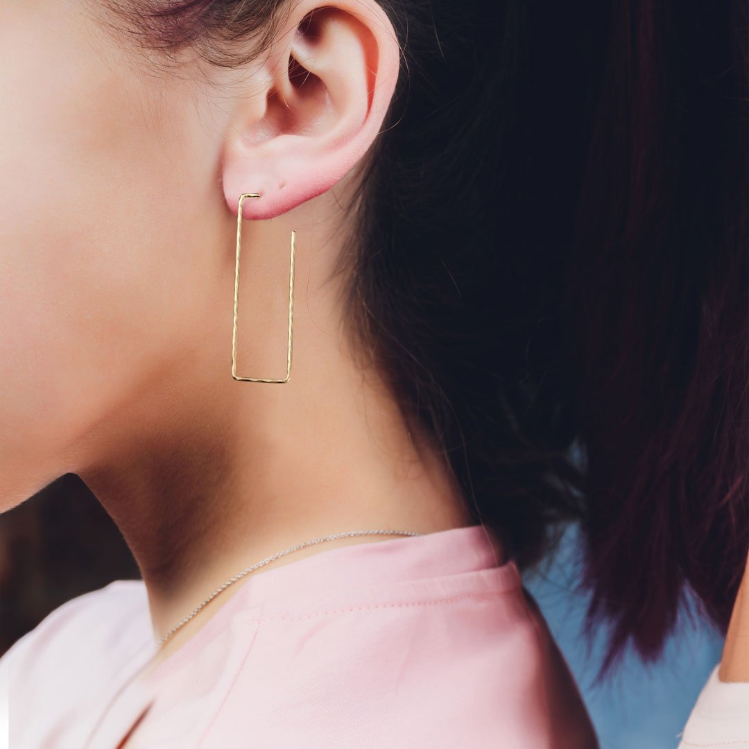 Hammered Hoops - Rectangular Shape Earring in Sterling Silver
