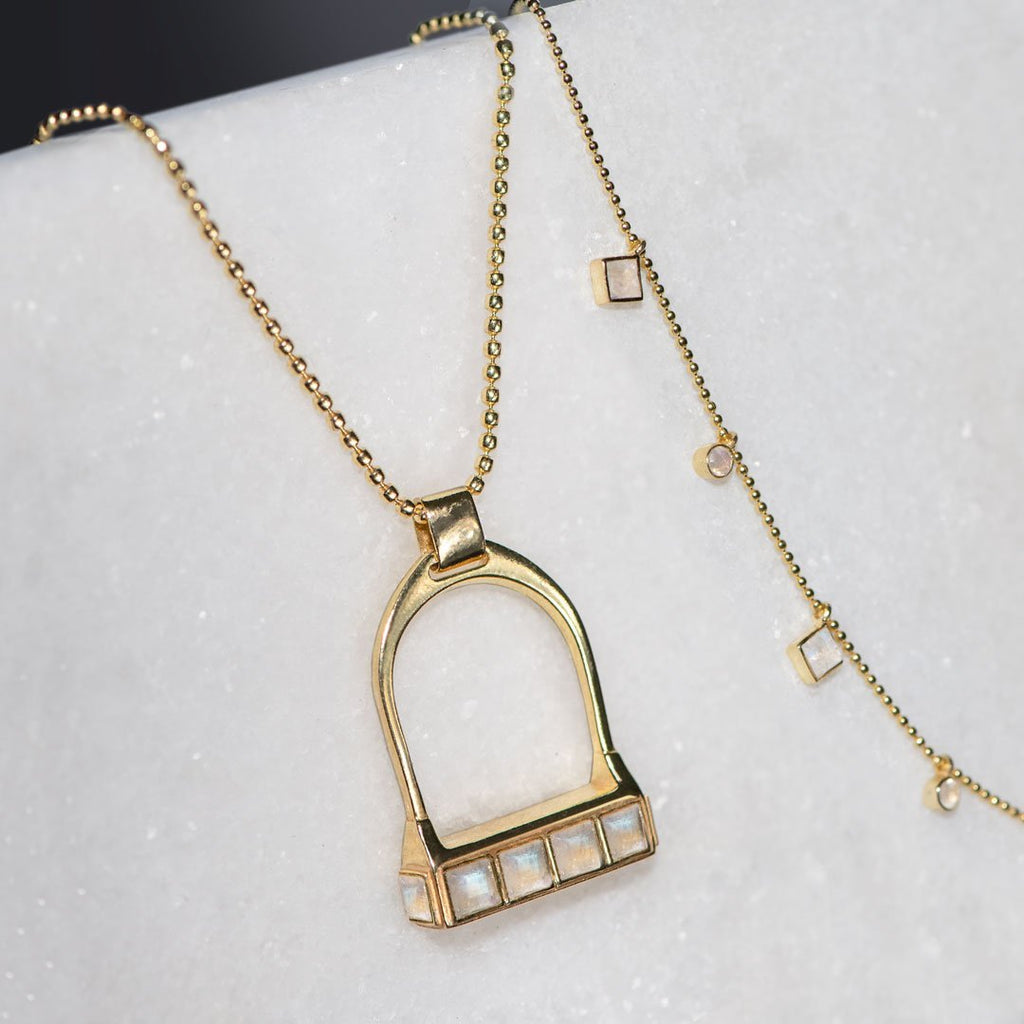Keepsake - Moonstone Equestrian Riding Stirrup Necklace in Gold