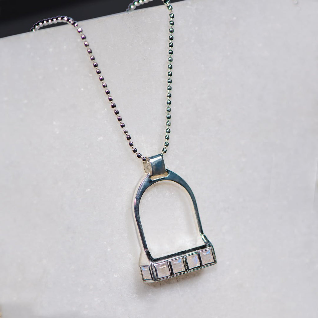 Keepsake - Moonstone Equestrian Riding Stirrup Necklace in Silver