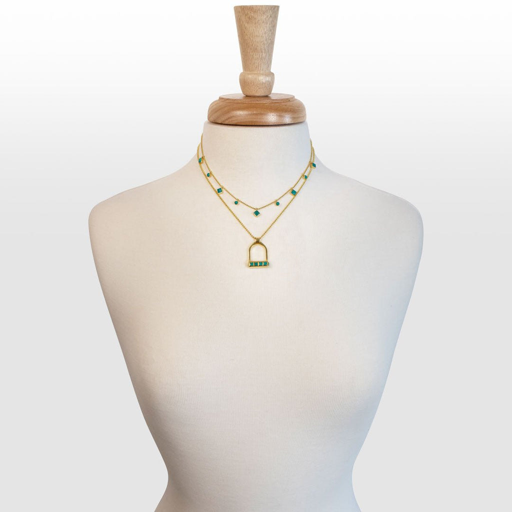 Keepsake - Turquoise Equestrian Riding Stirrup Necklace in Gold