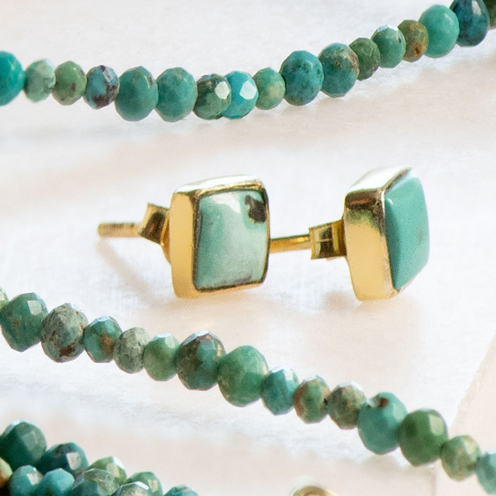 Keepsake -  Square Cut Turquoise Stud Earring in 14K Gold Vermeil
