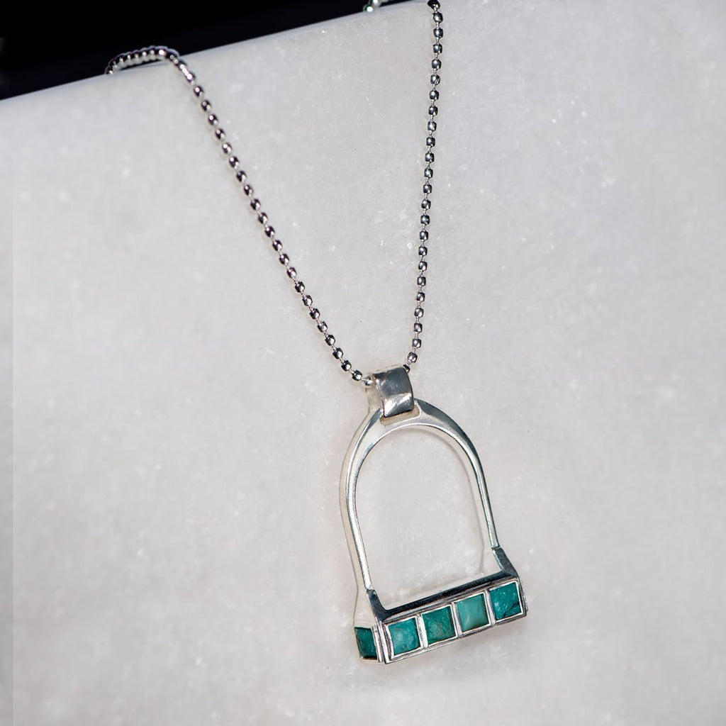 Keepsake - Turquoise Equestrian Riding Stirrup Necklace in Silver