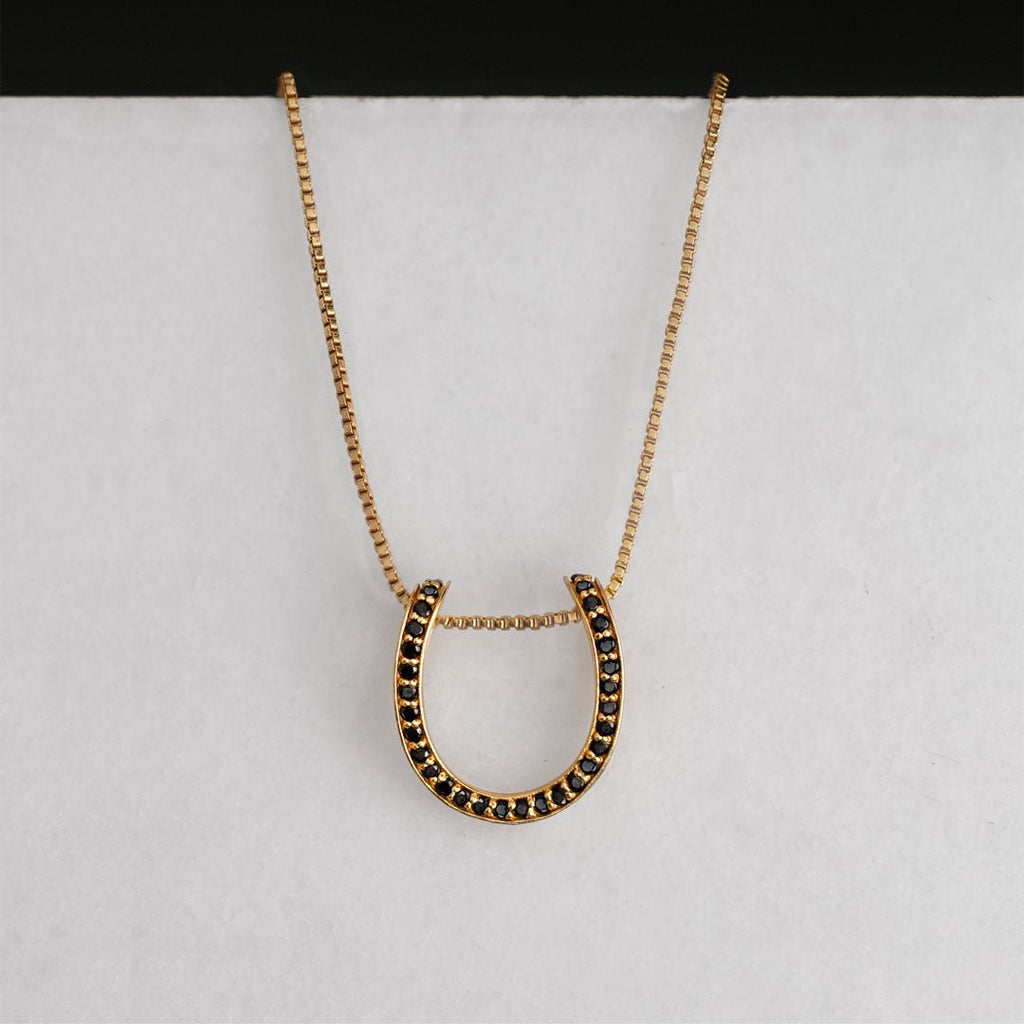 Levade -Black Moissanite Horseshoe Equestrian Necklace in Gold