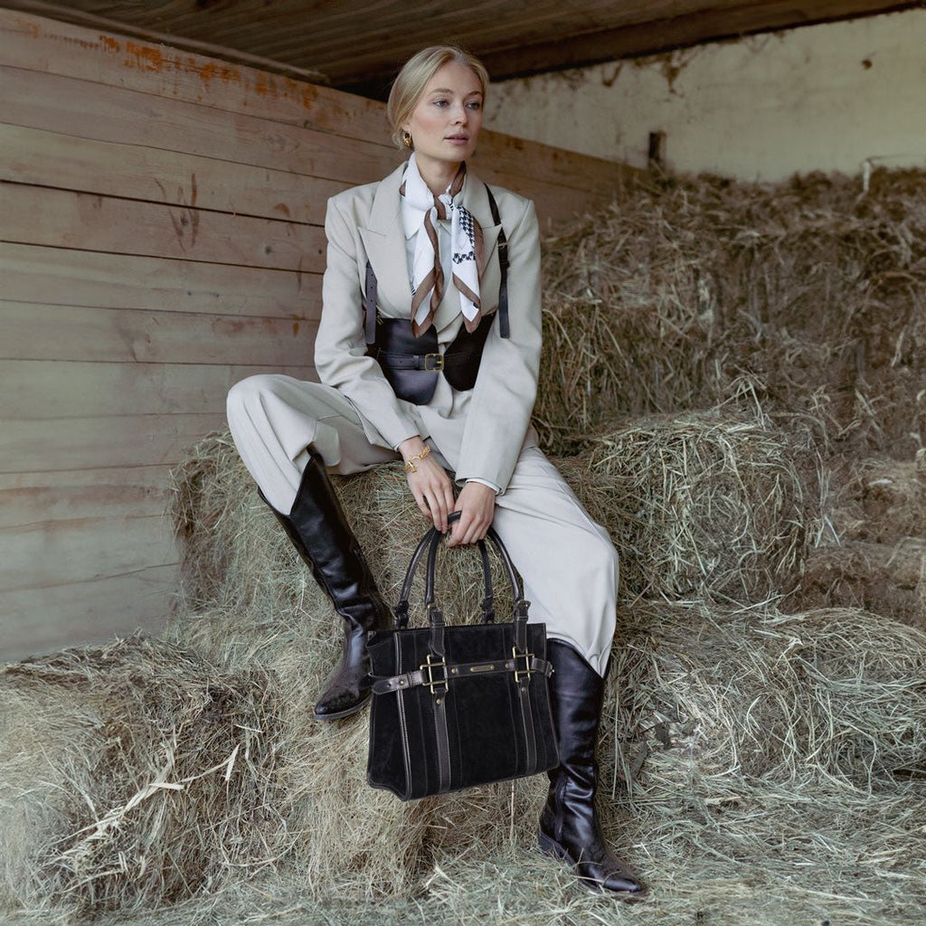 Paddock -  Halter Tote Luxury Leather Handbag in Black on Black