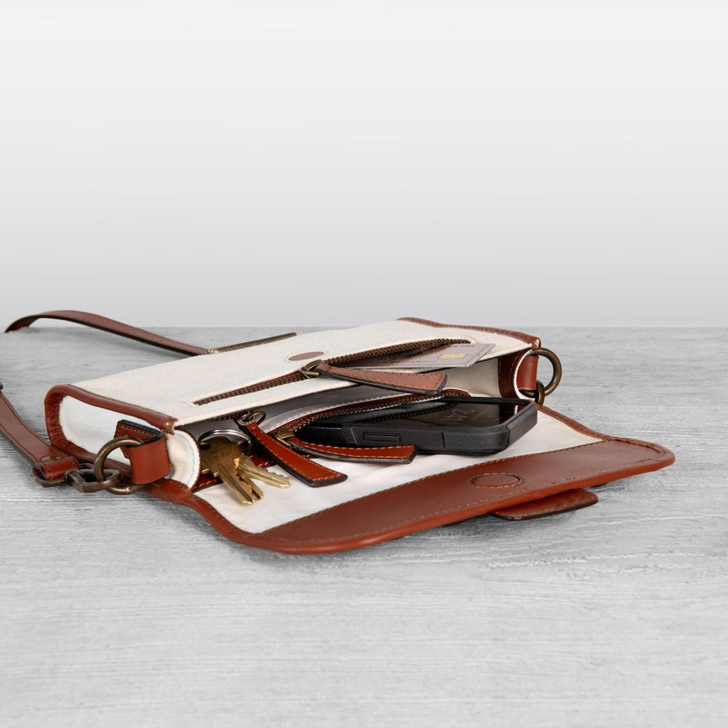 Dalton - Horse Bit Crossbody Luxury Leather Handbag in Cognac on Ivory