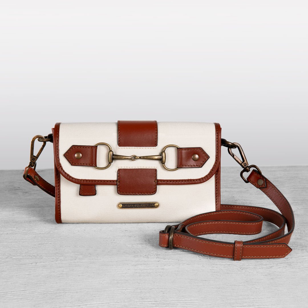 Dalton - Horse Bit Crossbody Luxury Leather Handbag in Cognac on Ivory