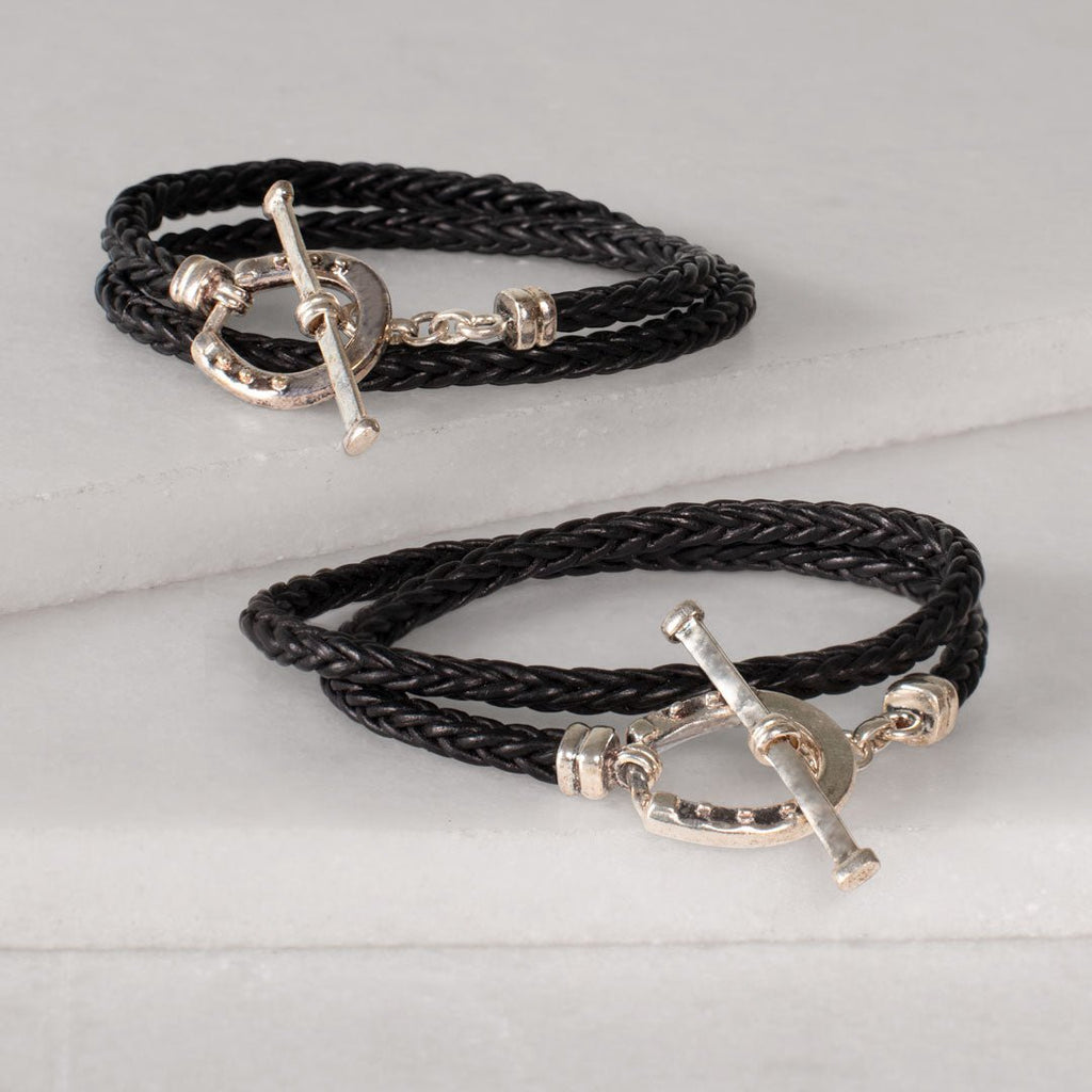 Roundup - Braided Leather Horseshoe Bracelet in Black & Silver