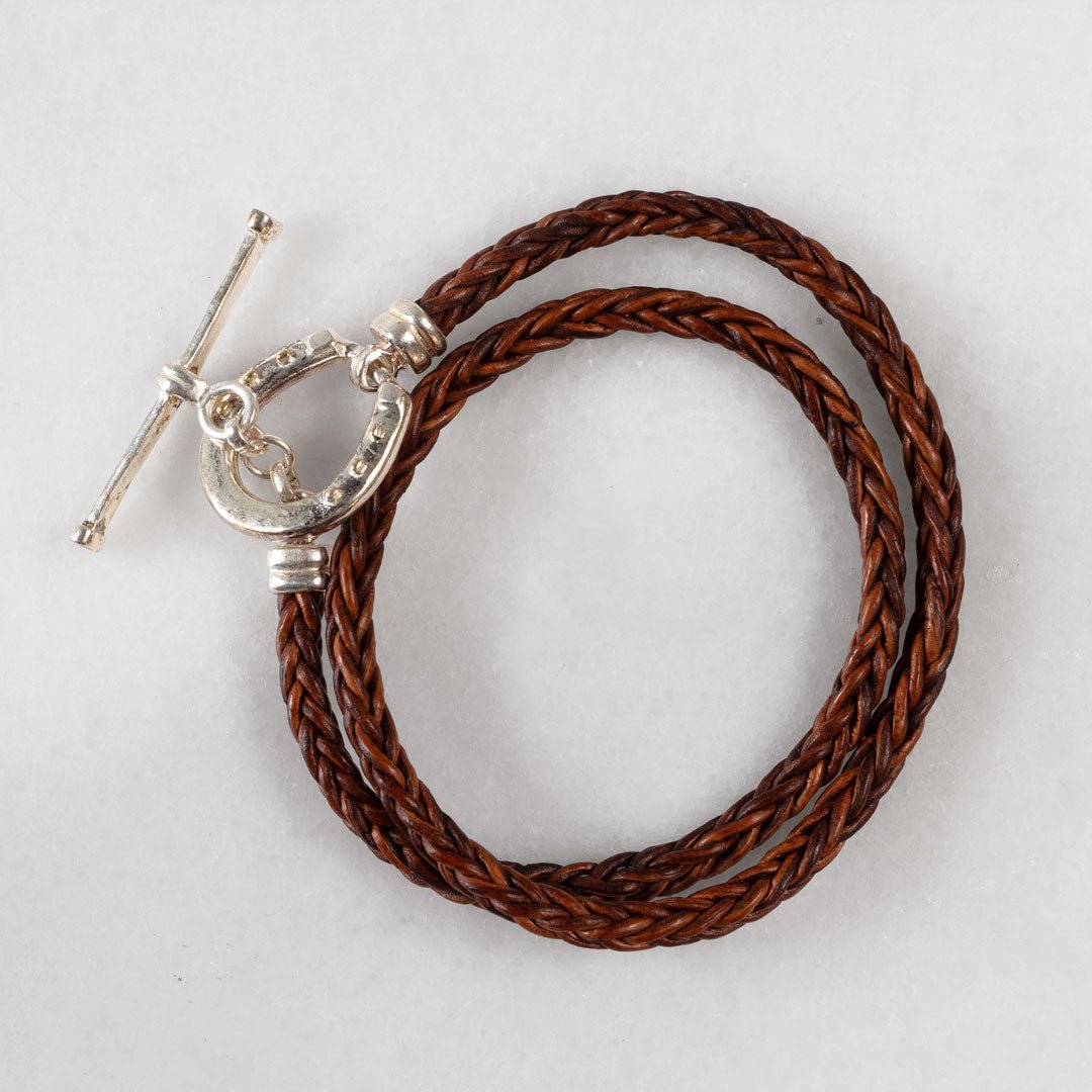 Roundup - Braided Leather Horseshoe Bracelet in Brown & Silver