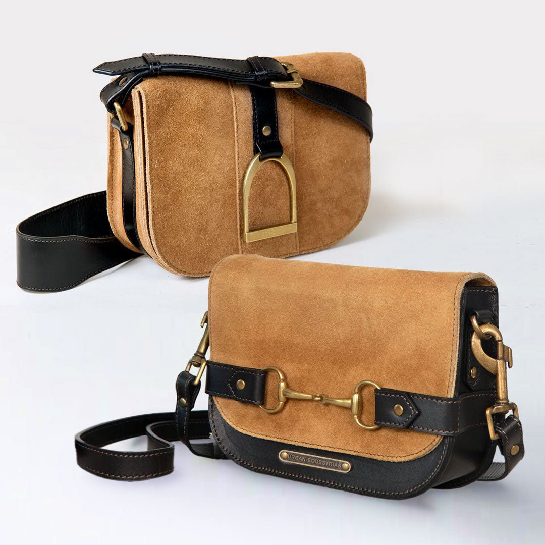 Saratoga- Horse Bit Crossbody Luxury Leather Handbag in Black on Chestnut