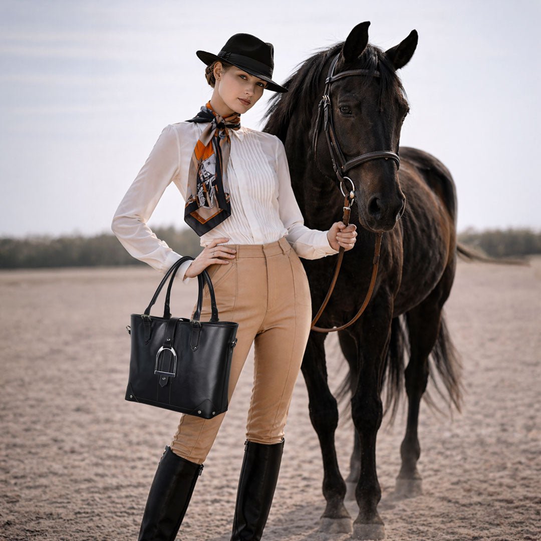 Signature - Riding Stirrup Tote Luxury Leather Handbag in Black