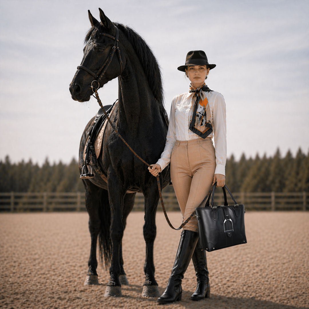 Signature - Riding Stirrup Tote Luxury Leather Handbag in Black