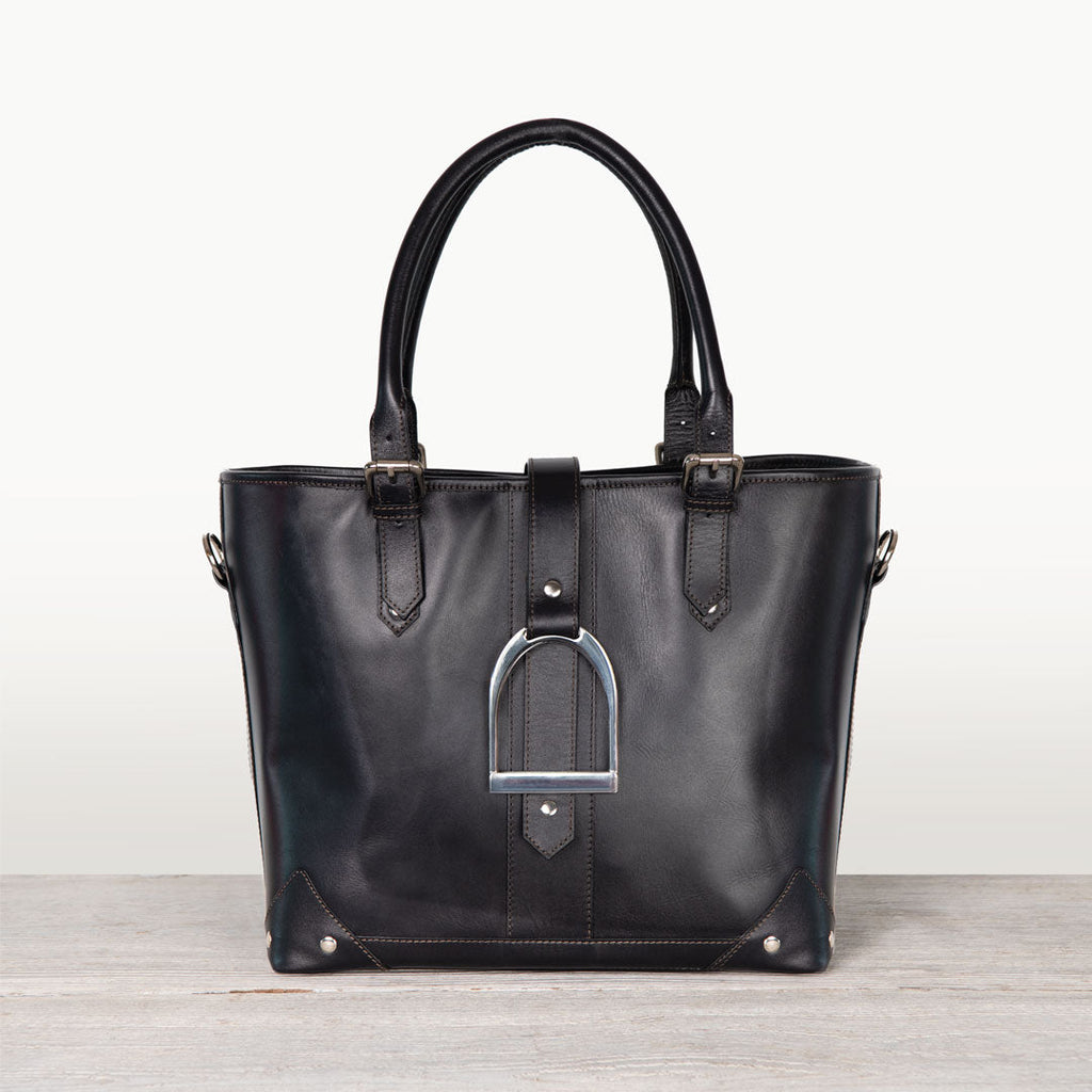 Signature - Riding Stirrup Tote Luxury Leather Handbag in Black